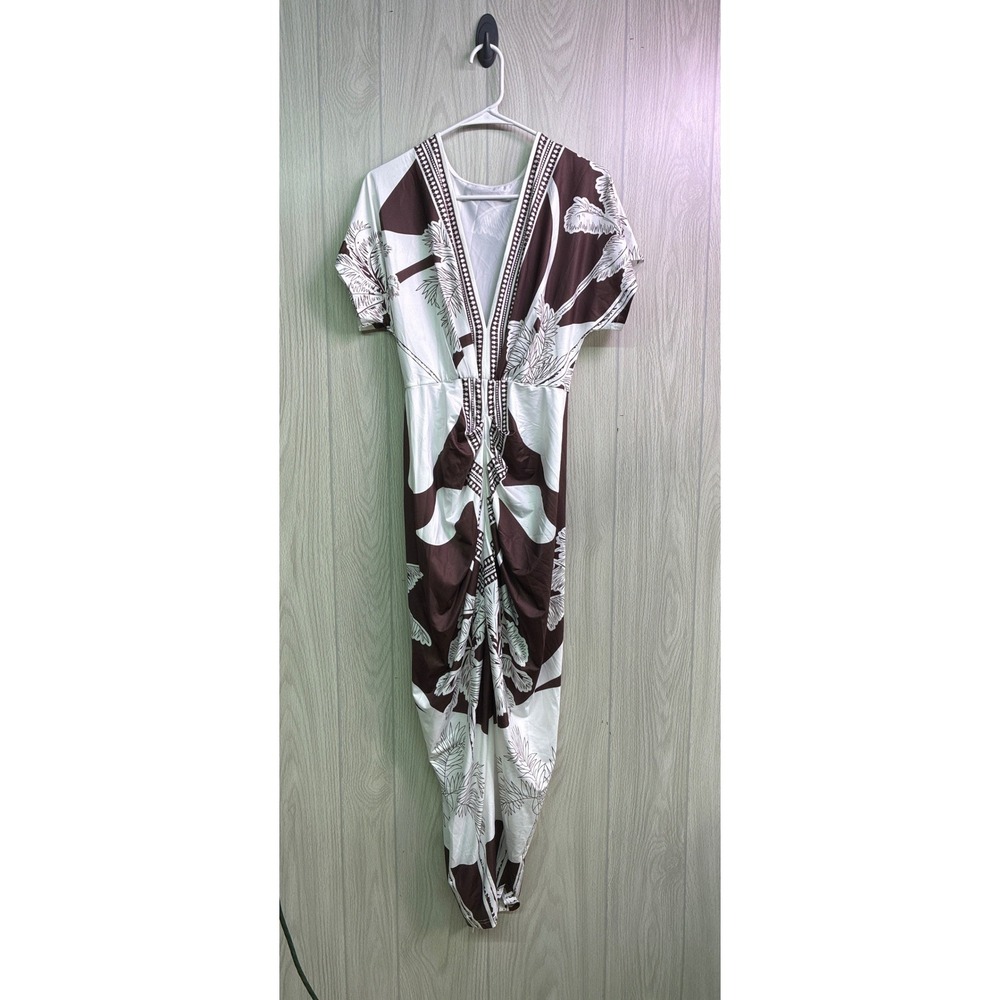 Commense Dark Brown White Tropical Palm Print Ruched Draped Maxi Dress Medium